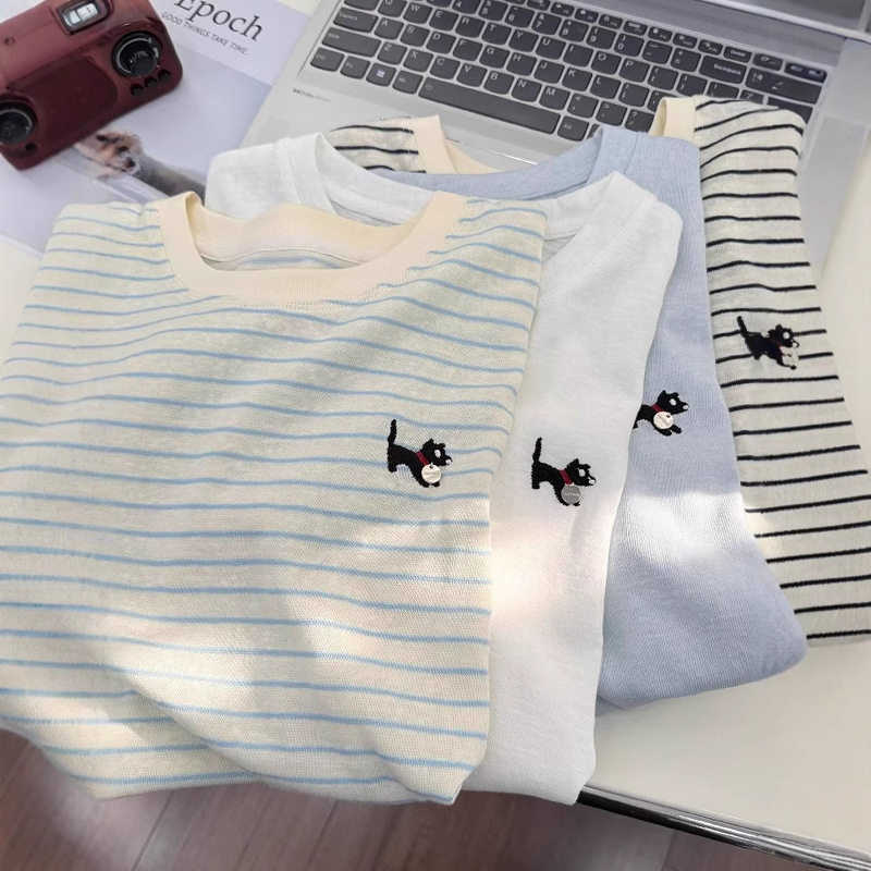 Bamboo Cotton Stripesd Short-Sleeved T-Shirt for Women 2025 Summer Xk Lazy Style Simple Embroider Loose Baida Top in Bamboo Cotton Stripesd Short-Sleeved T-Shirt for Women 2025 Summer Xk Lazy Style Simple Embroider Loose Baida Top in