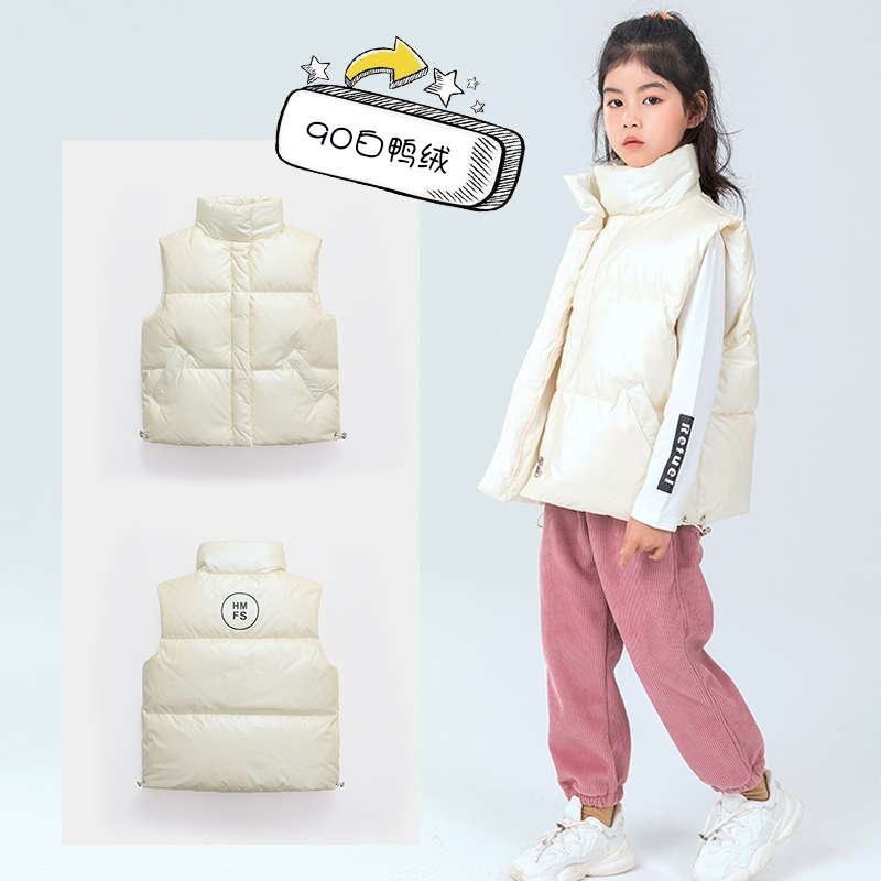 Otoño e Invierno nuevas niñas niños medio y grandes espesado chaleco collar de color sólido abajo chaqueta chaleco
