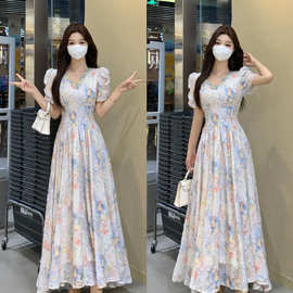 大码法式甜美风连衣裙女装夏季高级感绝美碎花裙胖MM遮肚显瘦裙子