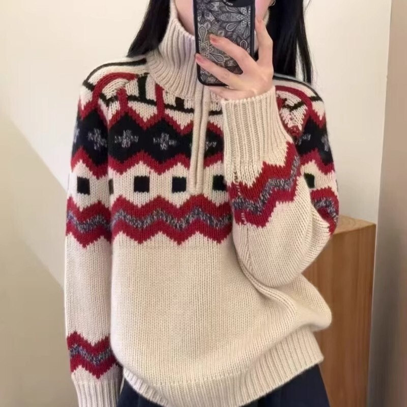 Vintage Half-Zip Thick Fair Isle Wool Sweater for Women, Christmas Knitwear, Cashmere Turtleneck Red Sweater