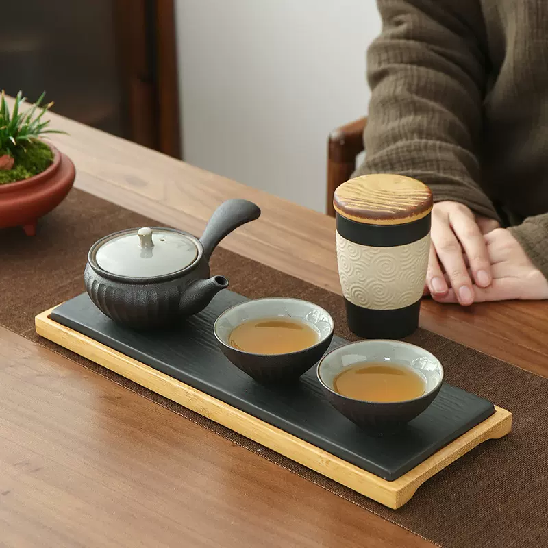 绚彩粗陶日式旅行茶具一壶二杯带茶叶罐茶盘商务会议促销活动礼品