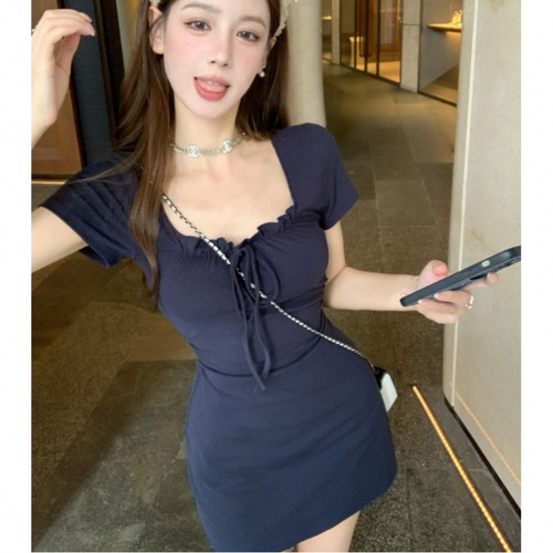 Summer new style navy blue square collar temperament short-sleeved dress waist slim skirt slim French skirt hot girl