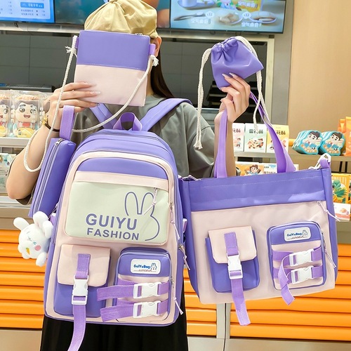 新款韩版少女双肩包卡通可爱轻便小学生书包五件套初中校园背包