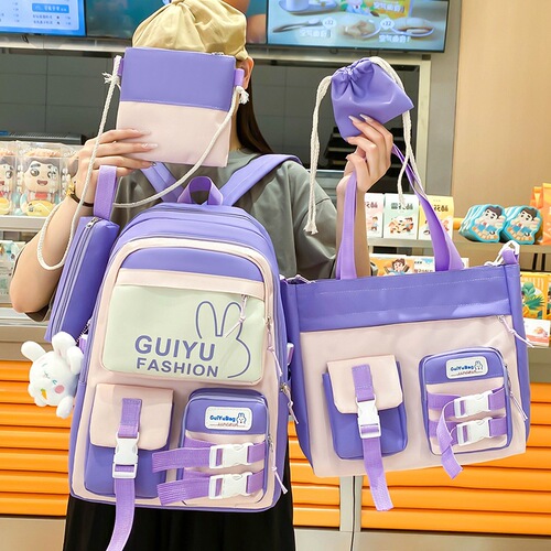 New Korean style girl backpack cartoon cute lightweight primary school bag five-piece set junior high school campus backpack