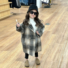 儿童连帽中长款夹棉大衣2023冬季新款女童格子加厚韩版时髦外套潮