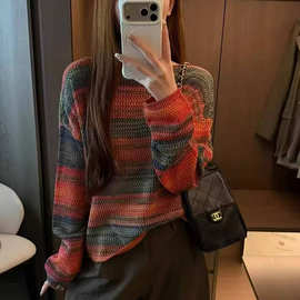 彩虹条纹镂空针织衫女欧洲站秋季新款欧货女装时尚打底衫上衣批发