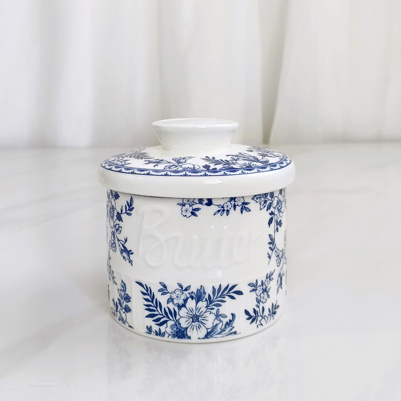 Tarjeta de mantequilla de cerámica azul con tapa, tarjeta de almacenamiento de color bajo esmalte azul retro doméstico, tarjeta de almacenamiento de cocina, tarjeta de crema