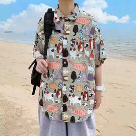 衬衫男士七分袖外套夏季韩版潮流休闲夏装上衣寸衫宽松