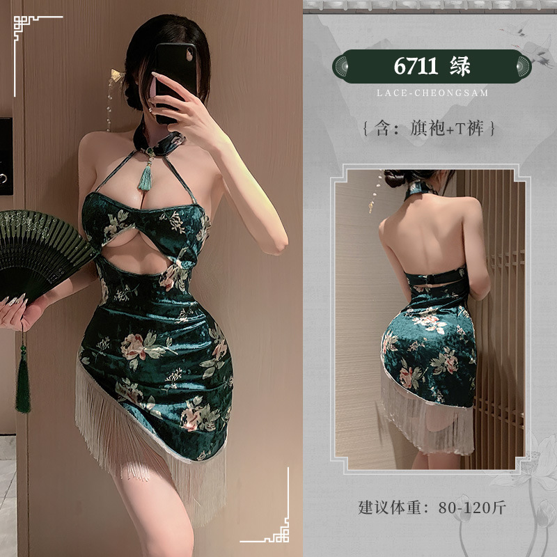 Women’s Sheer Mesh Cheongsam Lingerie Set with Slit, Open Crotch and T-Back — detail image 15