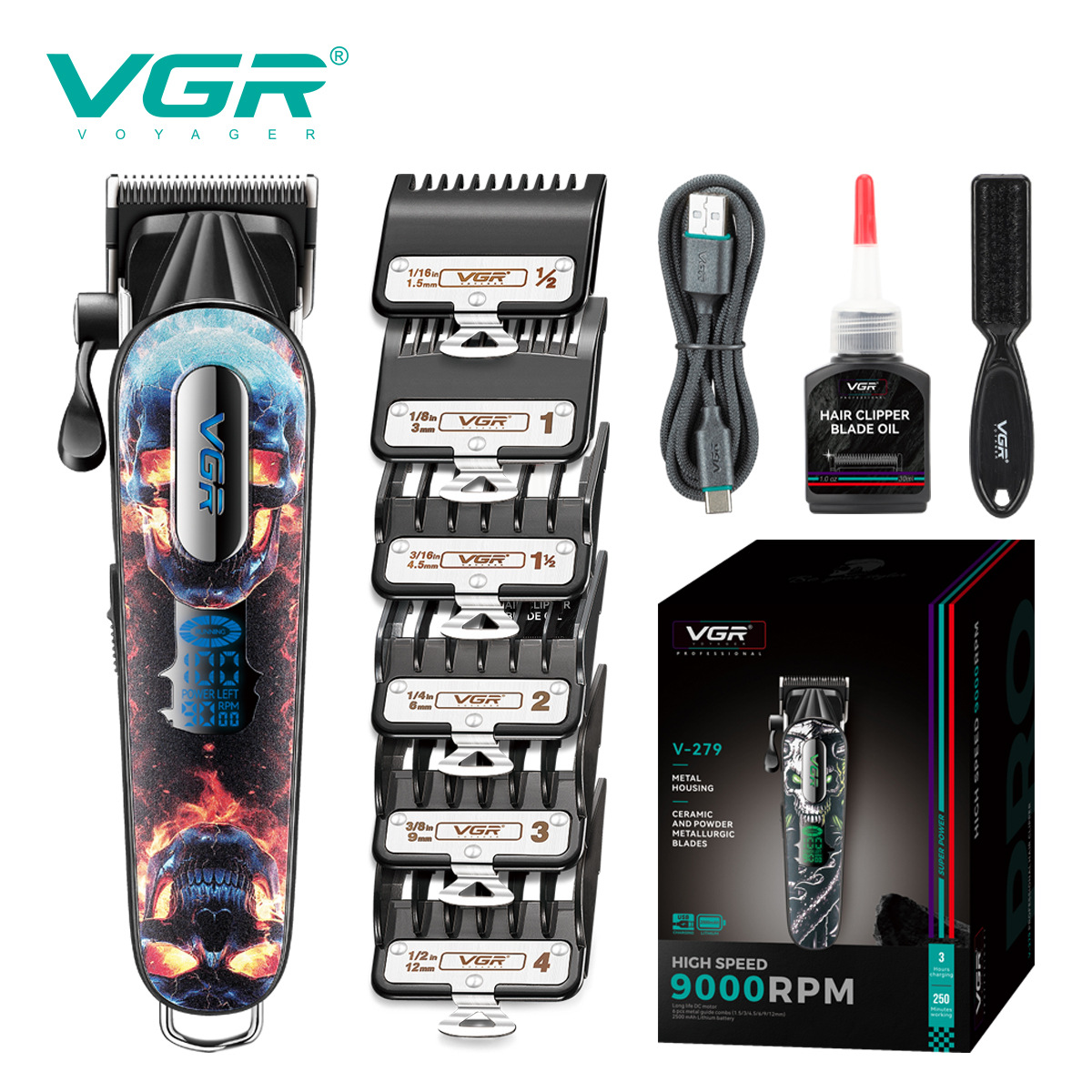 VGR279 Electric Hair Clipper High Speed 9000RPM Digital Display High Power Professional Hair Trimmer Cross Border_voghion.com