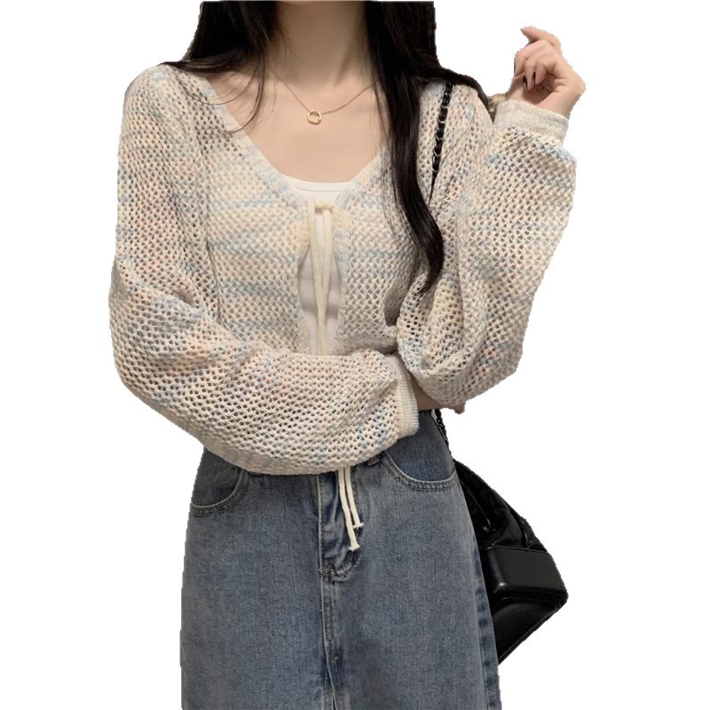 Vネックショートニット日焼け止めカーディガン女性用夏の新しいショール薄い中空ブラウスジャケット|undefined
