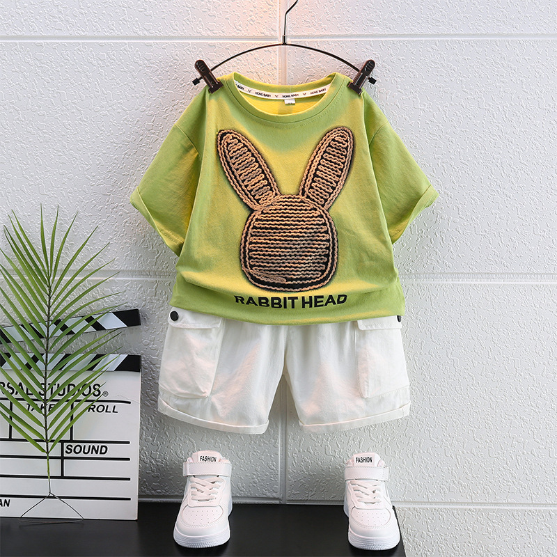 7424 Traje de verano para niños Ropa coreana de manga corta 2025 Nueva camiseta delgada de verano para niños de dos piezas Verano 5