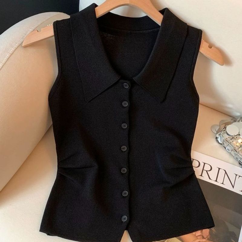 Solid Color Polo Collar Sleeveless Top Women's Summer New Single-Breasted Knitted Cardigan Lapel Top Vest Small Vest
