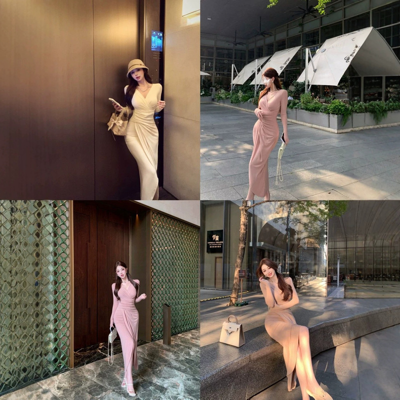 Elegant Mature Style Cross V-Neck Long-Sleeve Dress for Women, Autumn Pleated Slim-Fit Mid-Length Dress with Waist-Cinching and Hip-Hugging Design