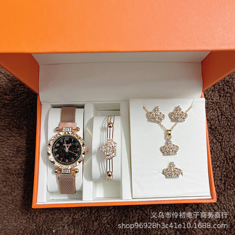 Nueva corona caliente reloj de cinco piezas caja de regalo reloj de cuarzo correa de imán casual simple para mujer