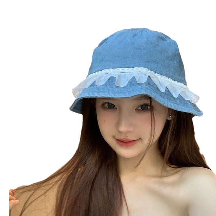 Ballet de encaje sombrero de vaquero sombrero de pesca de hadas perlas primavera y otoño protección solar versátil sombrero de balde para mujeres
