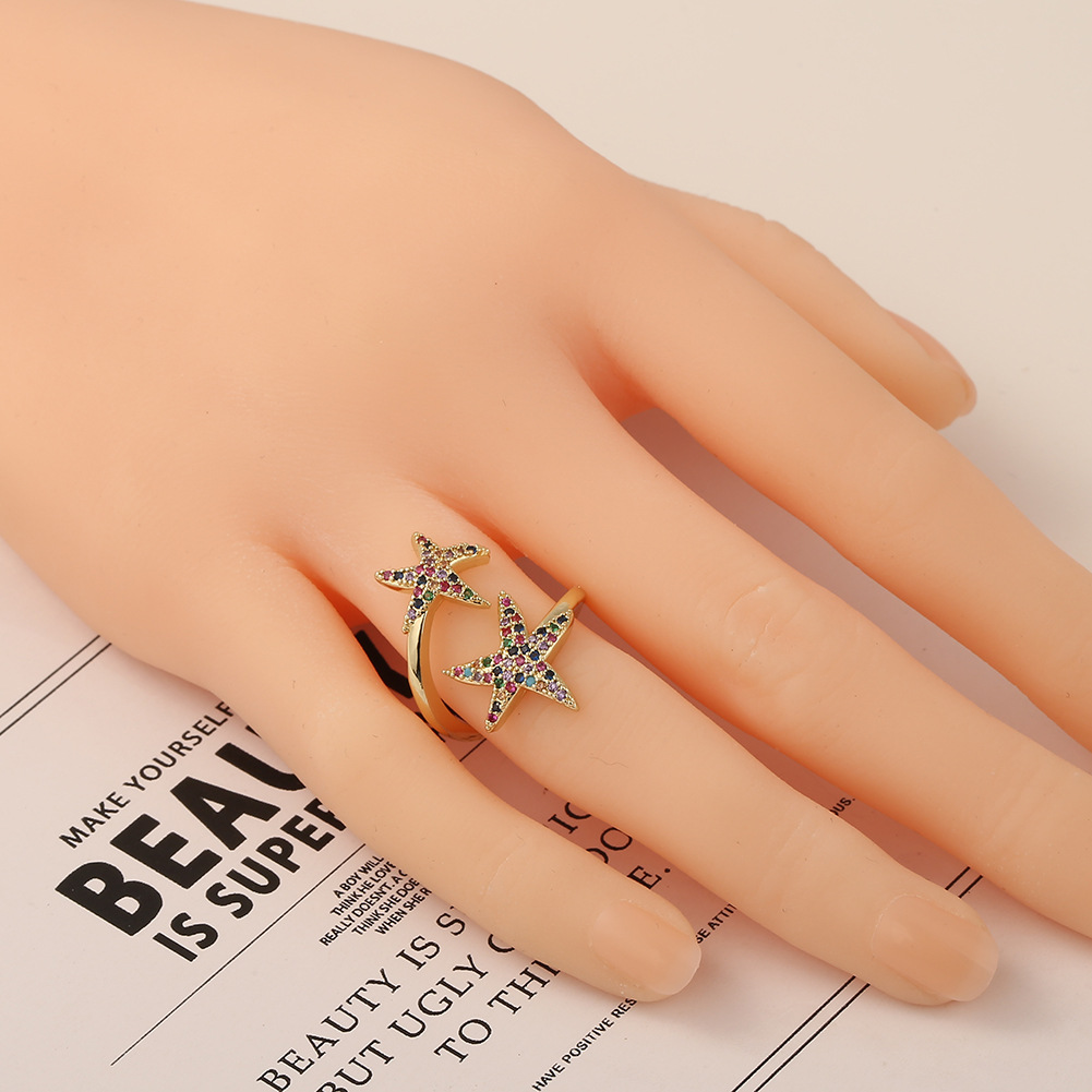 Fashion Starfish Five-pointed Star Copper Inlaid Zircon Rings Wholesale display picture 2