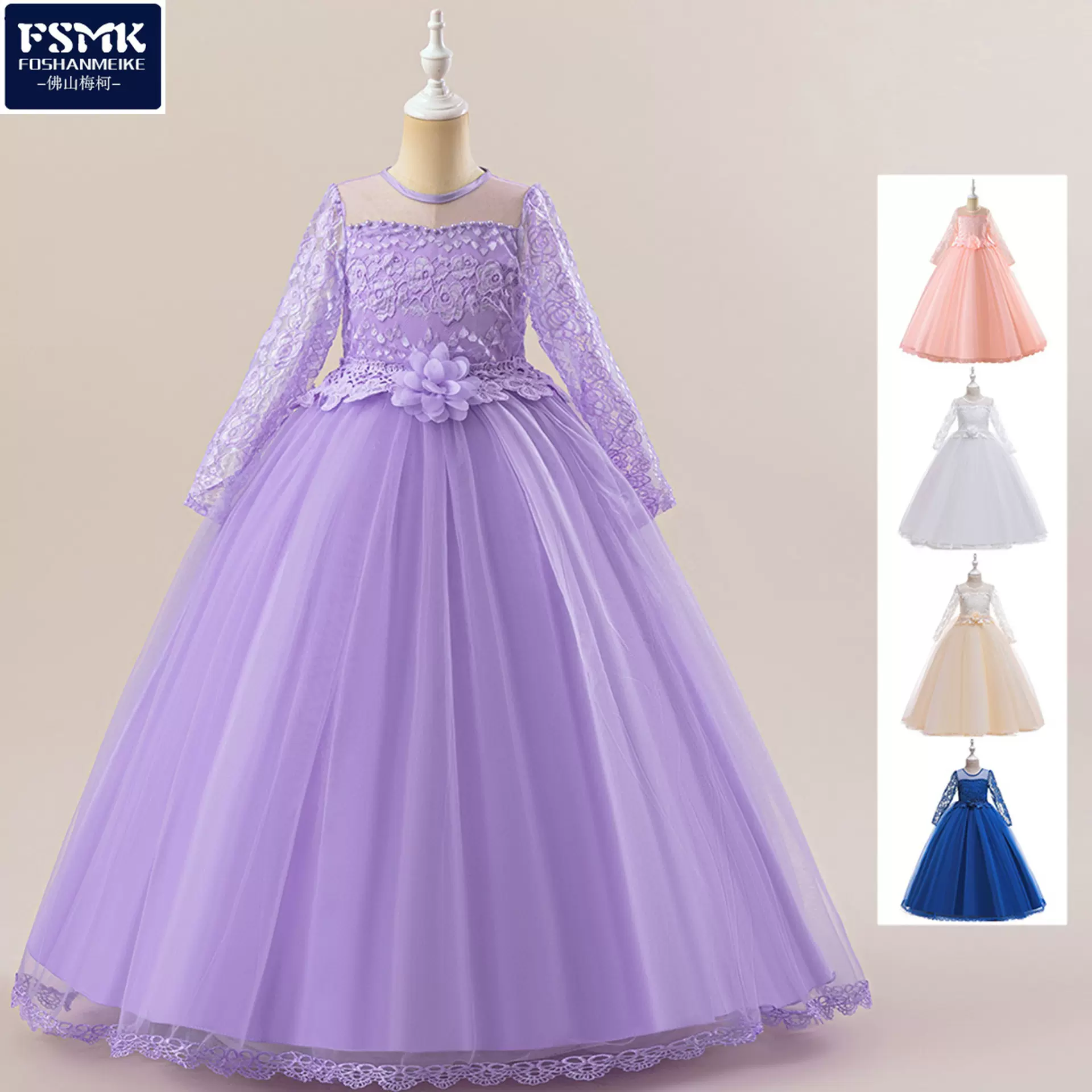 欧美亚马逊货源儿童礼服蕾丝花朵女童蓬蓬公主长裙儿童婚纱晚礼服