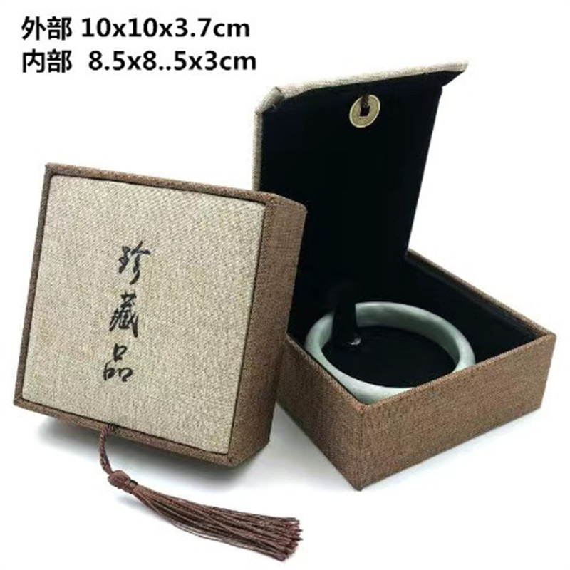 厂家批发玉器包装盒亚麻布流苏复古手镯盒手串手链吊坠文艺礼品盒