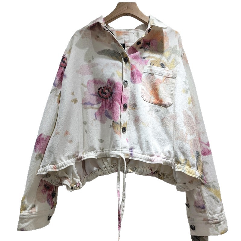 Chaqueta Corta de Denim con Estampado Floral y Cordón Ajustable para Mujer