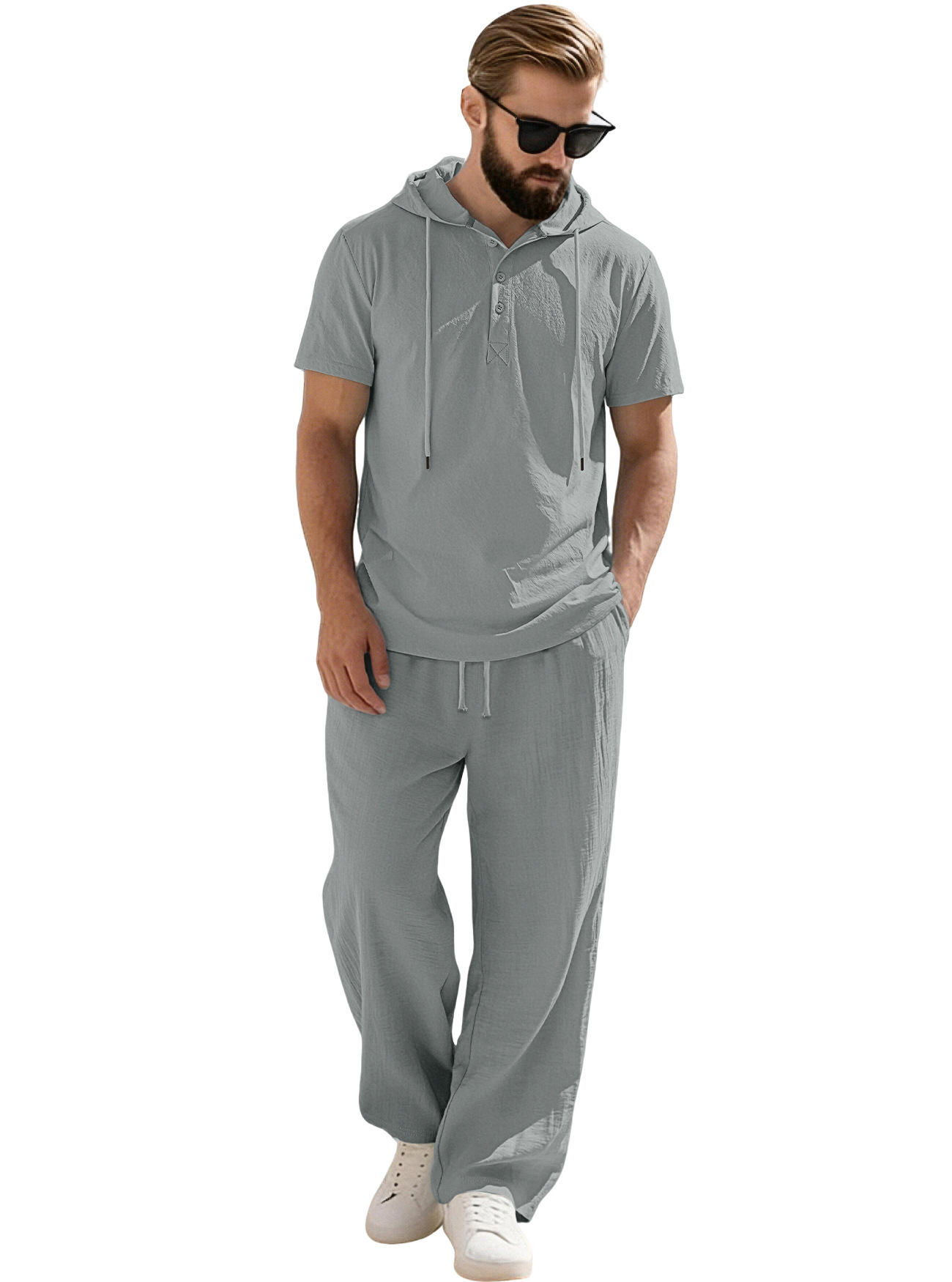 Transfronterizos Europa y América Amazon hombre nuevo encapuchado abrazado camisa de algodón y lino de manga corta casual pantalones largos de manga corta set hombre