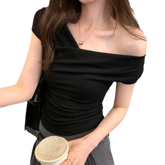 Ins design sense swing collar sexy hot girl off-shoulder short T-shirt women's slim fit slim short sleeve top women's fashion wholesale