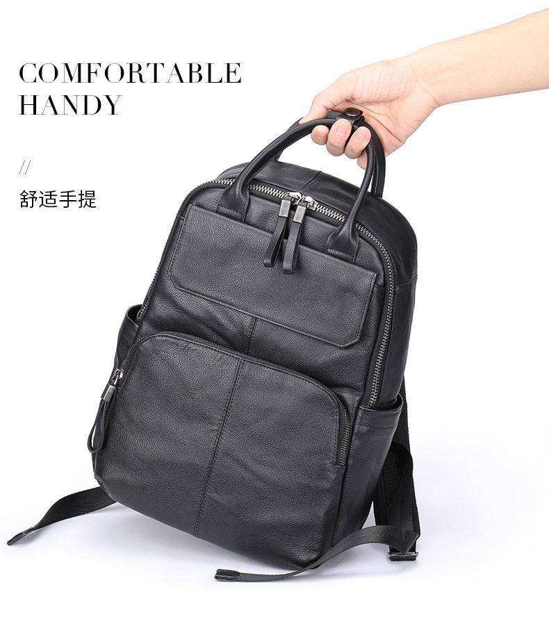 Ba lô nam da bò thật đa năng công sở đựng laptop 14 inch — Cà phê, Vải dệt trơn màu đen, màu đen, Màu nâu cà phê chi tiết 22