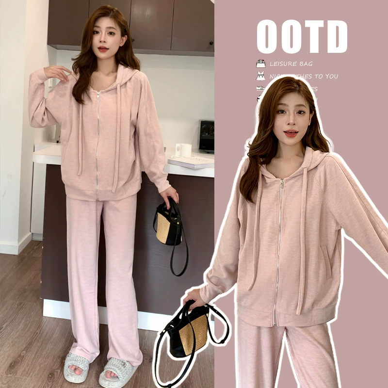 Реальный осенний костюм для беременных корейских трикотажных широких брюков кардиган из двух частей женский осенний досуг ленивый набор из двух частей