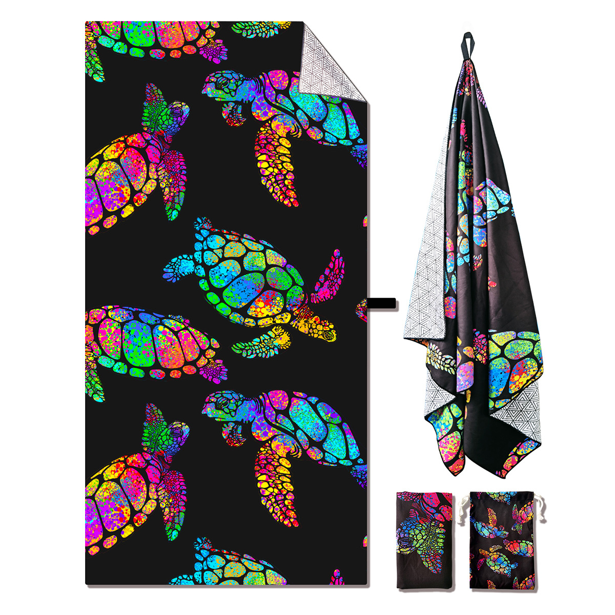 Amazon de doble cara Toalla de baño de terciopelo Toalla de playa cuadrada Toalla de microfibra patrón de tortuga portátil