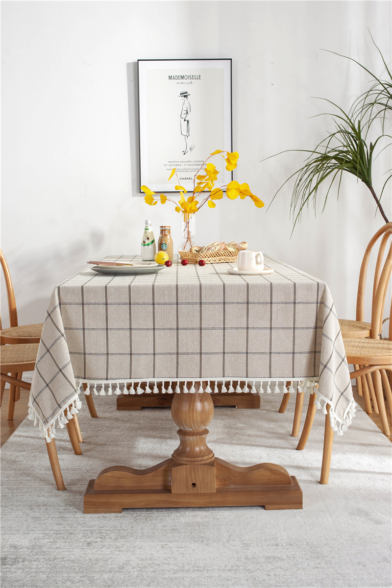 Cafe Double-line Plaid Cotton-polyester-linen Tassel Geometric Rectangular Dining And Coffee Table Tablecloth, Available_voghion.com