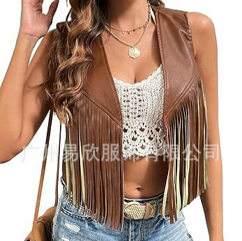 Amazon Women PU Tassel Sleeveless Vest Tassel Faux Leather Cardigan 70 s Hippie Jacket Cardigan