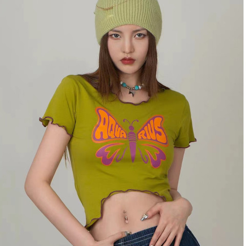 American Style Hot Girl Top Butterfly Printed Short-sleeved T-shirt Women's Summer Sweet Cool Hot Girl Pure Desire Wind-exposed Short Slimming