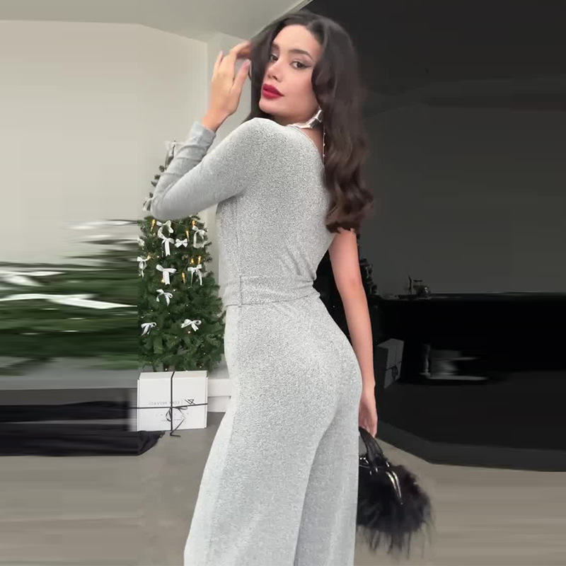 2024 otoño nuevo Europa y América Amazon transfronterizo ropa de mujer de color sólido cuello inclinado manga cintura casual pantalonés