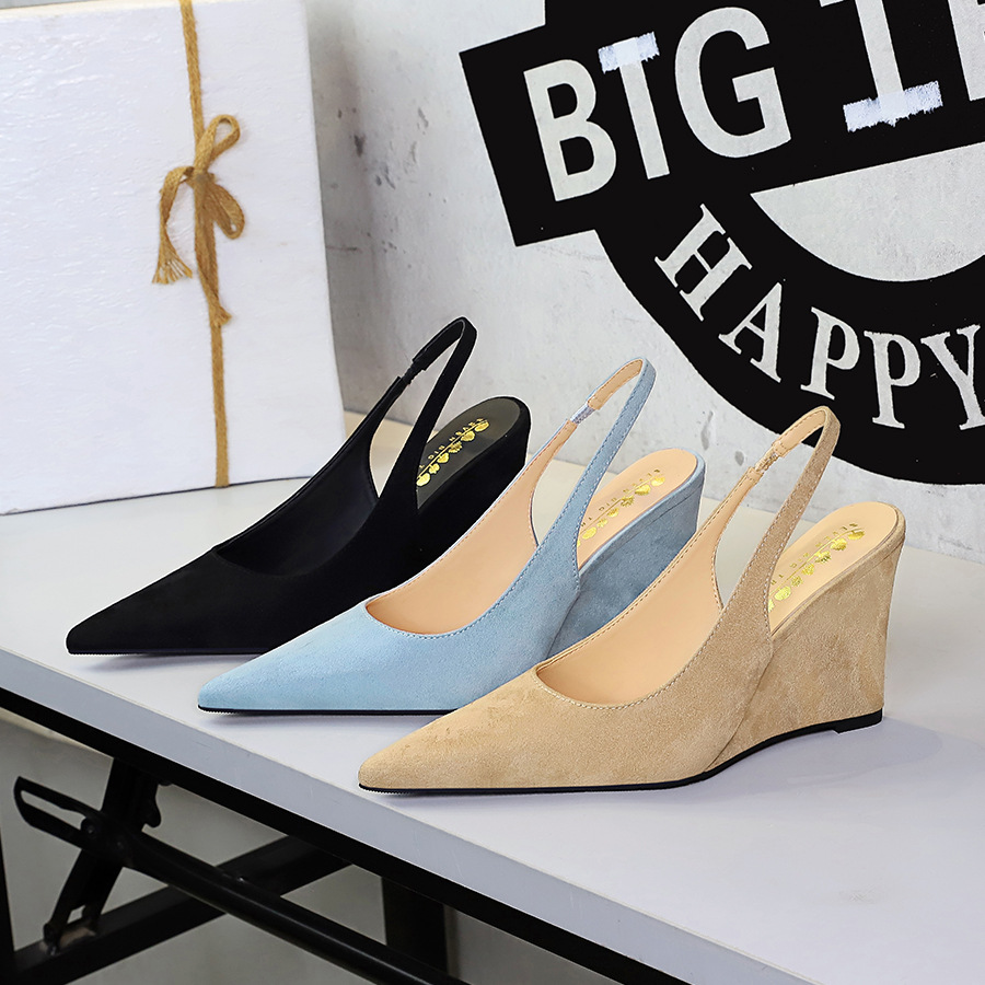1898 European and American style simple suede irregular slope heel women's shoes temperament imperial sister pointed back empty back strap sandals for women