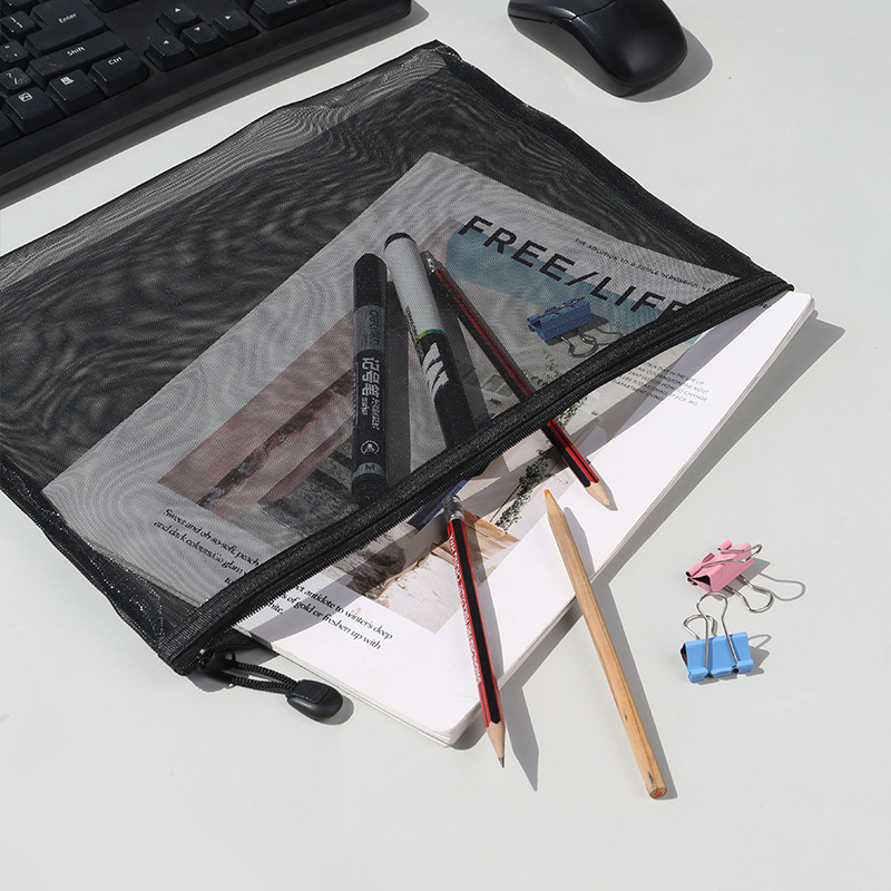 Bolsa de almacenamiento de malla transparente con cremallera, para documentos/lápices, portable