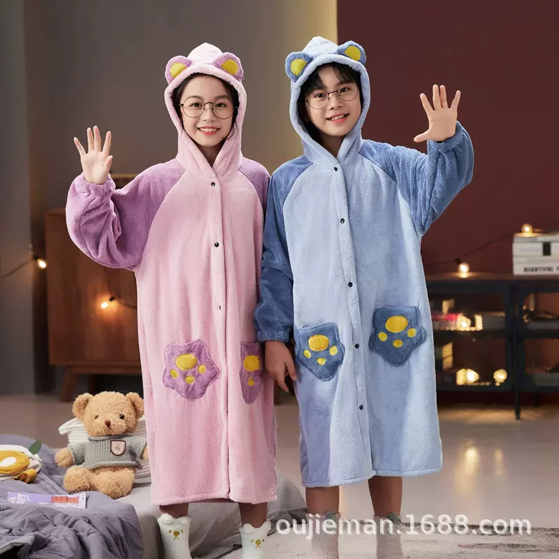 加厚儿童浴袍a类珊瑚绒吸水可穿带帽浴巾家居服厂家秋冬卡通睡袍