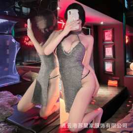 辣妹新款闪亮情趣内衣女性感挂脖露乳侧开叉连衣夜店女王制服诱惑