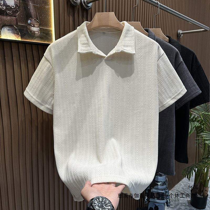 Men's wheat-patterned short-sleeved T-shirt, summer American style, heavyweight, loose, casual gray T-shirt, polo shirt.