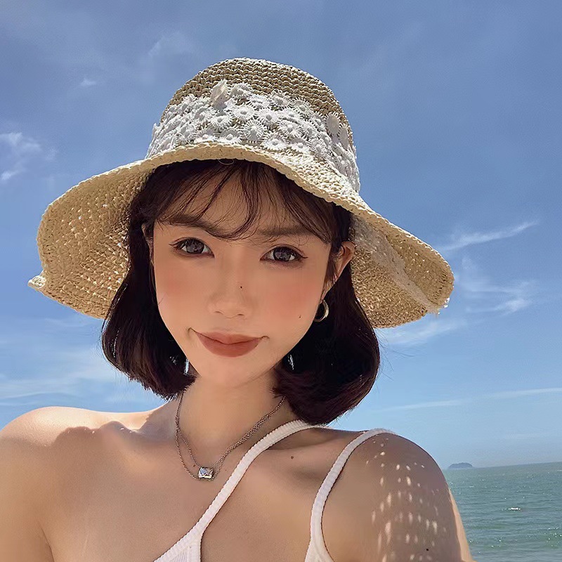 Japanese Sweet Pearl Flower Lace Big Brim Straw Hat Female Spring And Summer Travel Sunshade Sun Protection Hat Flat Top Hat