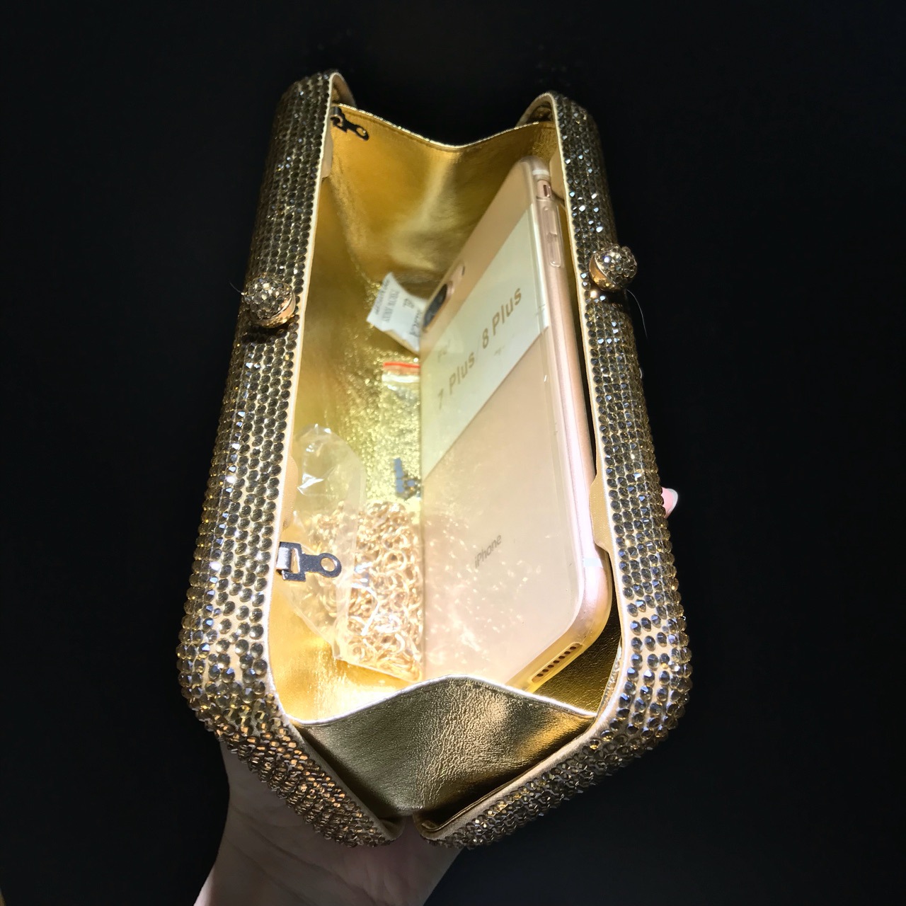 Túi clutch nữ đính đá lấp lánh phong cách Âu Mỹ, dáng vuông ngang nhỏ gọn — Màu nâu chi tiết 6