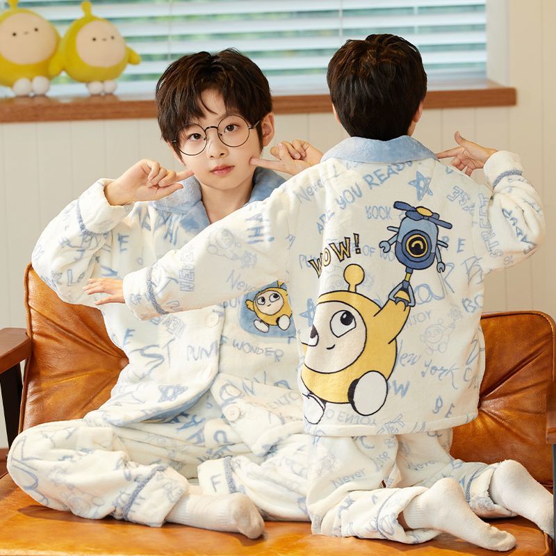 Cross-border boys' coral autumn and winter flannel pajamas, new style, cartoon style, thickened children's home wear, suitable for medium and large children.