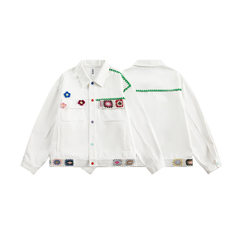 KAIZ Kaizhong 2025 Spring New Arrival Handmade Flower Crochet Decoration White Denim Jacket Men Top Coat
