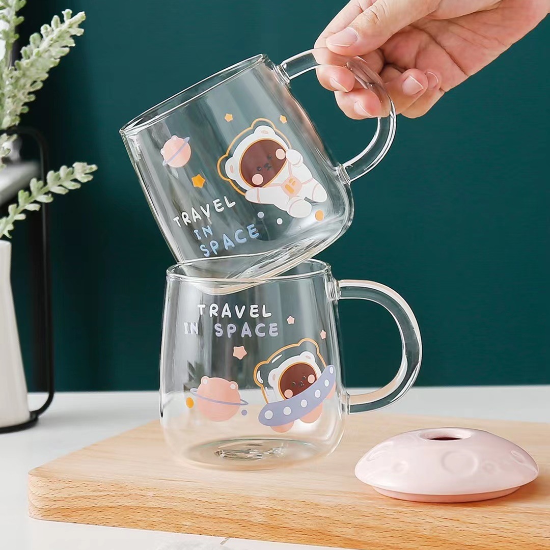 Lindo oso astronauta taza planeta personalidad vidrio Shake taza con tapa cuchara taza de café