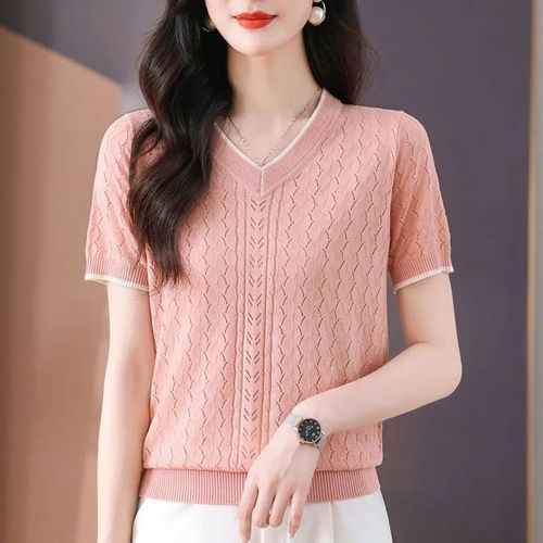 Summer V-neck Short Sleeve T-shirt for Women, Floral Embroidery and Lattice Design, Stylish Ice Silk Knit Top, Loose and Thin Blouse, T-shirt