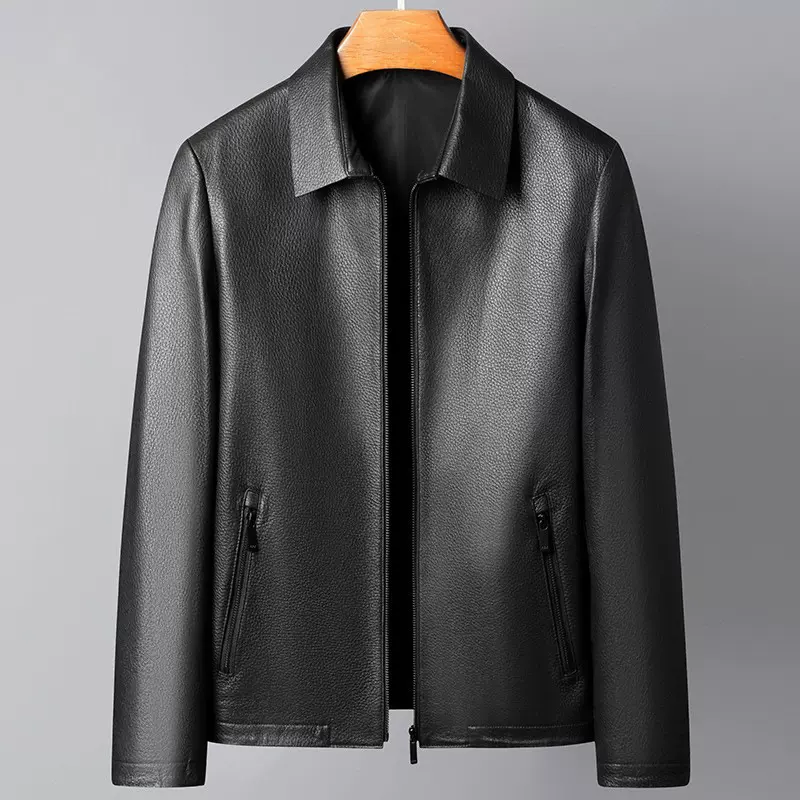 新款海宁头层山羊皮男士真皮皮衣翻领夹克中年高端商务休闲外套男
