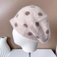 安哥拉兔羊毛混纺堆堆帽子女冬季保暖套头帽可爱包头帽波点针织帽