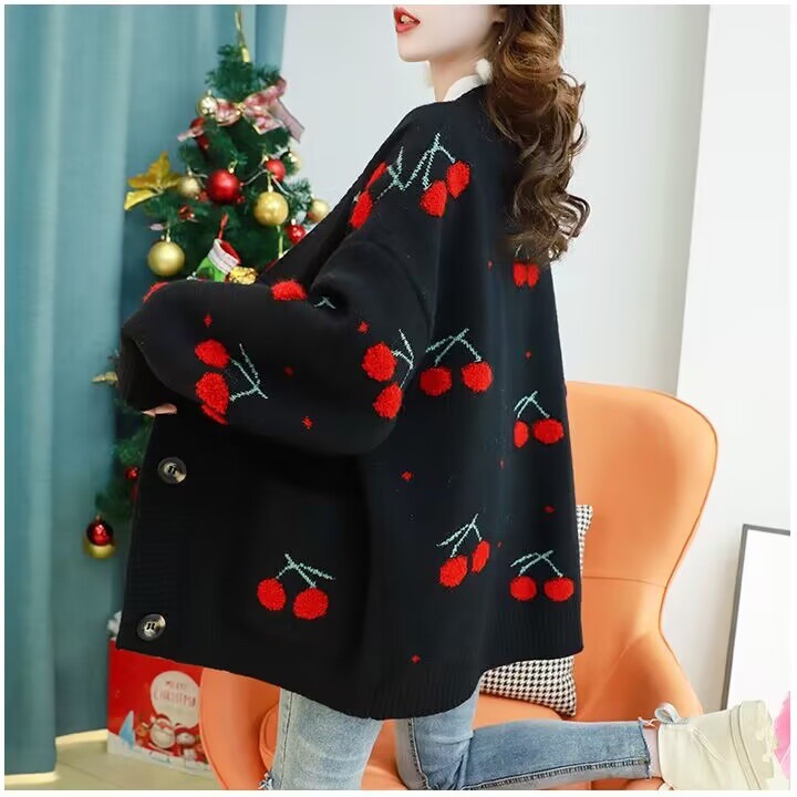 Suéter de viento perezoso chaqueta de mujeres otoño y invierno 2025 nueva moda suelta jacquard de cereza cardigan de punto largo medio image 5