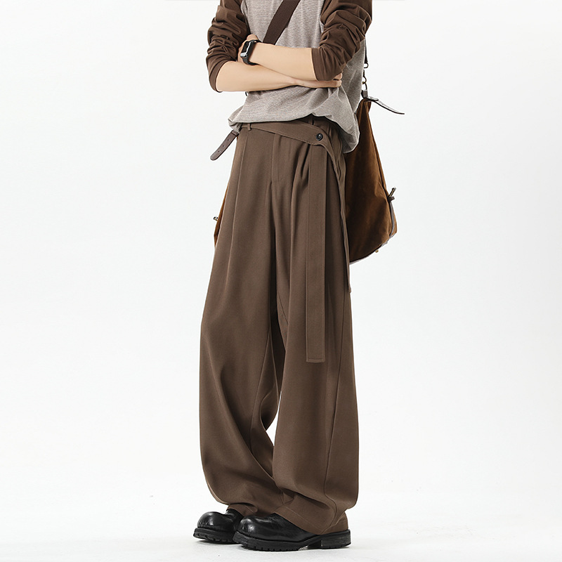 Trendige Vintage-Hose in Kaffeefarbe mit geradem Bein und drapiertem Gürtel für Herren, Sommer 2025, neue, lockere und vielseitige Passform_voghion.com