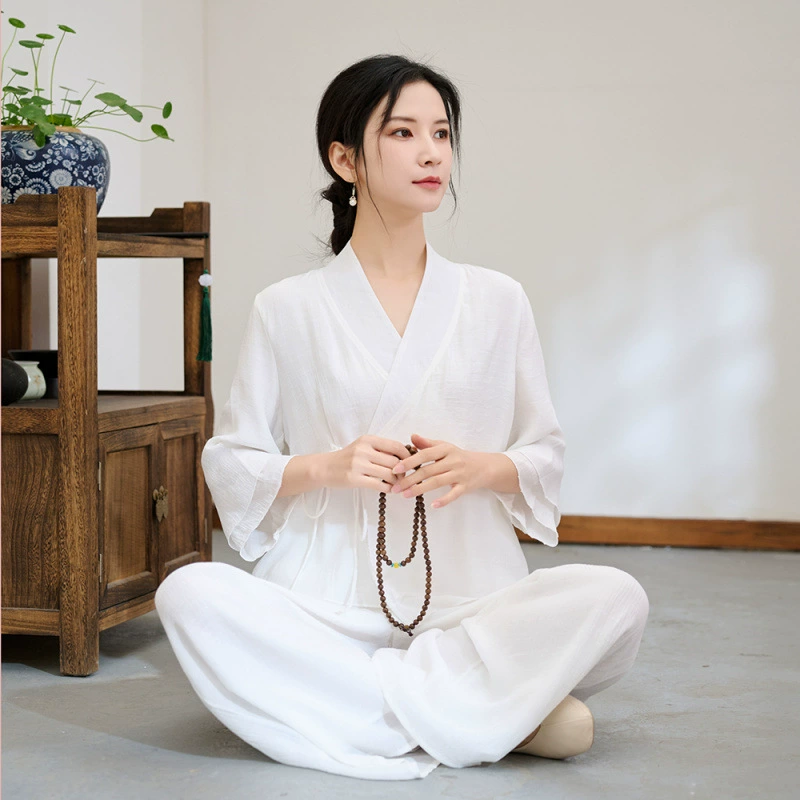 2025 новый летний стиль, ретро-этнический стиль, хлопок и лен, одежда для занятий медитацией в стиле дзен, однотонная литературная одежда для йоги, комплект из двух предметов