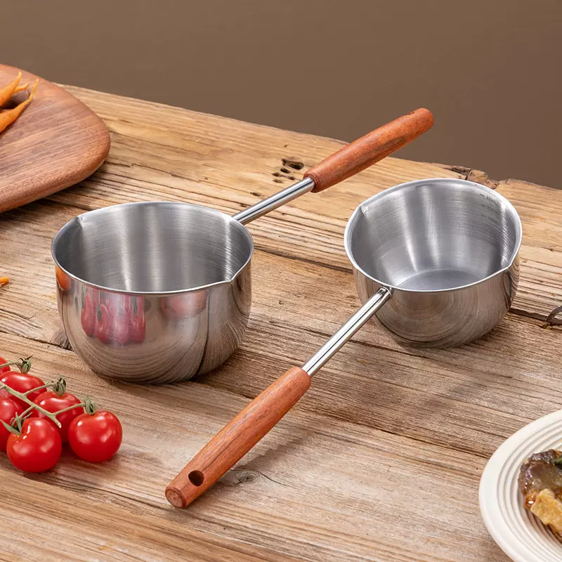 跨境不锈钢泼油锅淋热油锅加长木柄平底锅小煎锅迷你加厚钢柄油锅